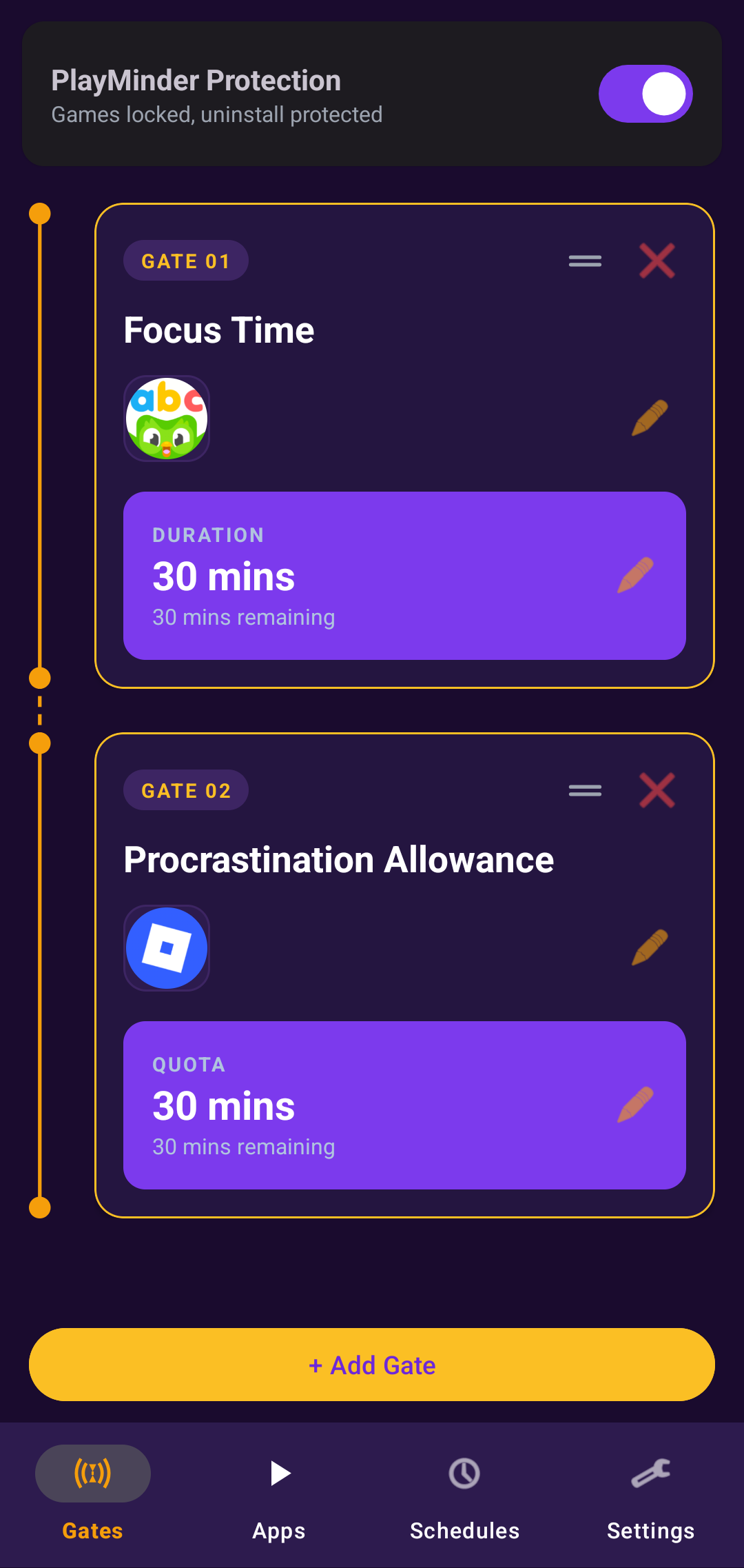 PlayMinder Gates screen
