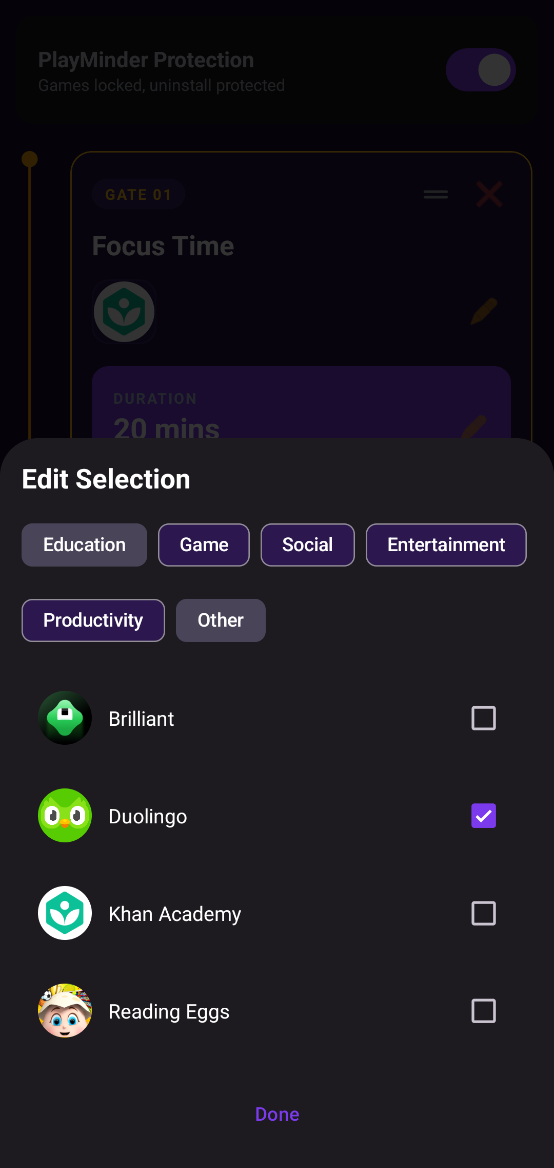 PlayMinder Settings screen
